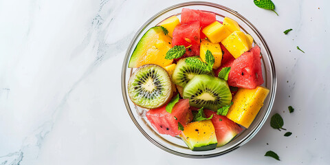 a strange of fresh watermelon, mango and kiwi salad in a glass bowl on a light background, generative AI