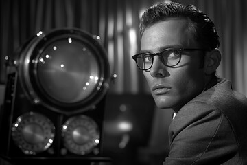 male secret agent spy listens and records secret conversations in a secret room. Retro black and white noir style