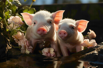 Delightful piglets enjoying a sunny day in a garden, their endearing antics and charm preserved in a crystal-clear photograph.
