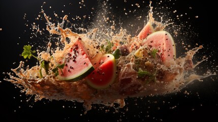 Dynamic Watermelon Explosion with Water Droplets on a Black Background