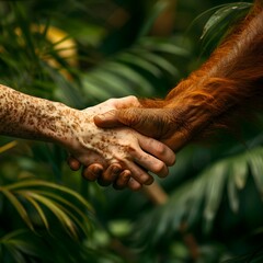 Intertwined Hands of Human and Primate Symbolizing Unity and Empathy in Vivid Rainforest Backdrop