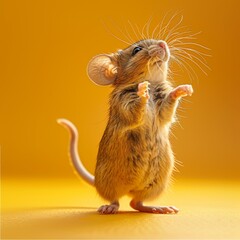 A mouse standing on its hind legs with one paw raised. Generative AI.