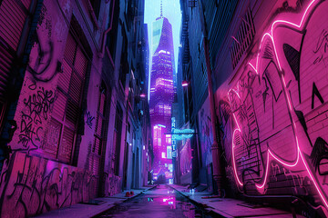 A deserted alleyway in a neon city, the walls adorned with glowing graffiti and neon art...
