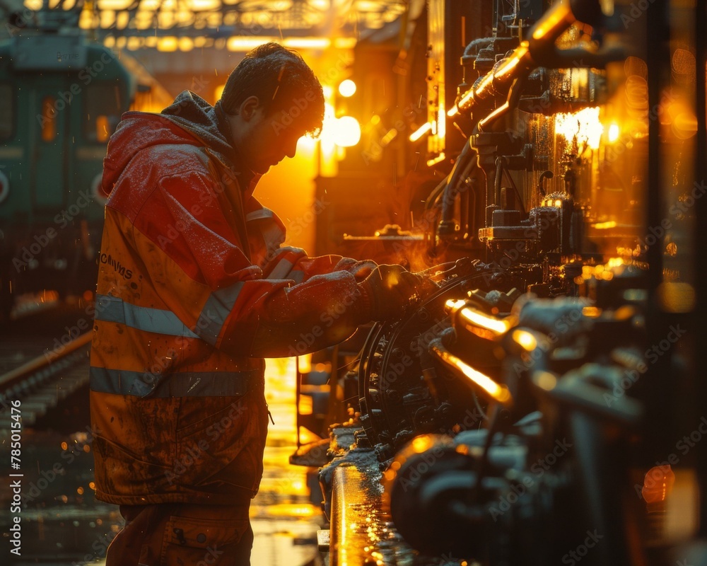 Poster a man in orange jacket working on a train engine. generative ai.