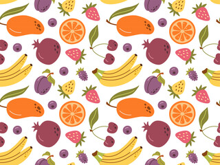 Vector seamless pattern of colorful fruits and berries. Summer print with hand drawn fruits. Tropical print.