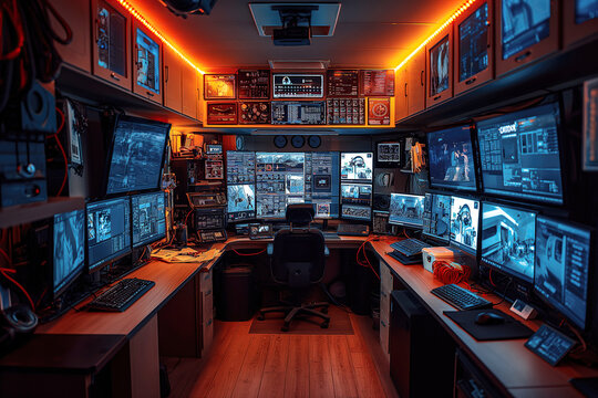 secret security room for video surveillance with monitors and recording equipment