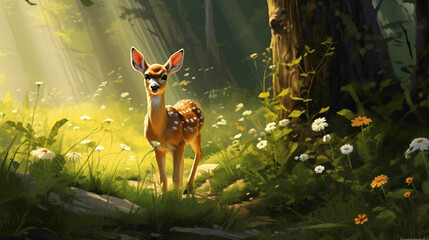 Delicate fawn discovering a patch of wildflowers in a sunlit glade, its innocent curiosity a heartwarming moment in the heart of the forest. - obrazy, fototapety, plakaty