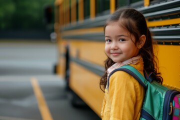 A young girl is standing in front of a school bus. Generative AI.