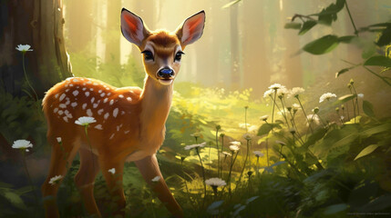 Delicate fawn discovering a patch of wildflowers in a sunlit glade, its innocent curiosity a heartwarming moment in the heart of the forest. - obrazy, fototapety, plakaty