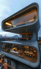 A modern building with a curved roof and a large glass window. Generative AI.