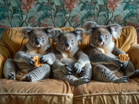 Three koala bears sitting on a couch eating cookies. Generative AI.