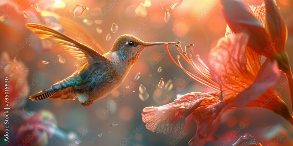 Poster a hummingbird is hovering over a flower with water droplets. generative ai.