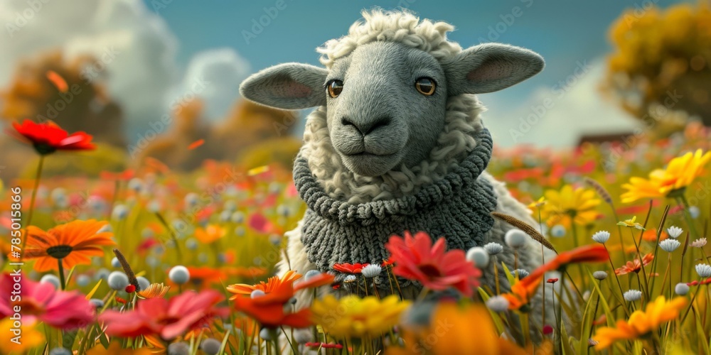 Aufkleber a sheep in a field of flowers with the sun behind it. generative ai.