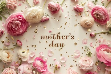 mother's day card with golden text on a textured ivory color paper with a frame of light pink peonies and ranunculuses