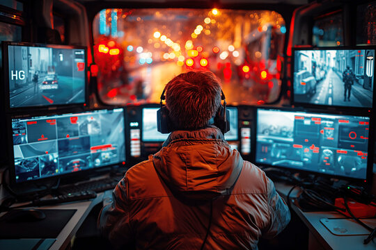 back of male secret agent spy is conducting wiretapping and video recording in a surveillance van
