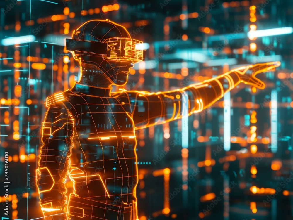 Poster a futuristic man pointing at something with glowing lines. generative ai.
