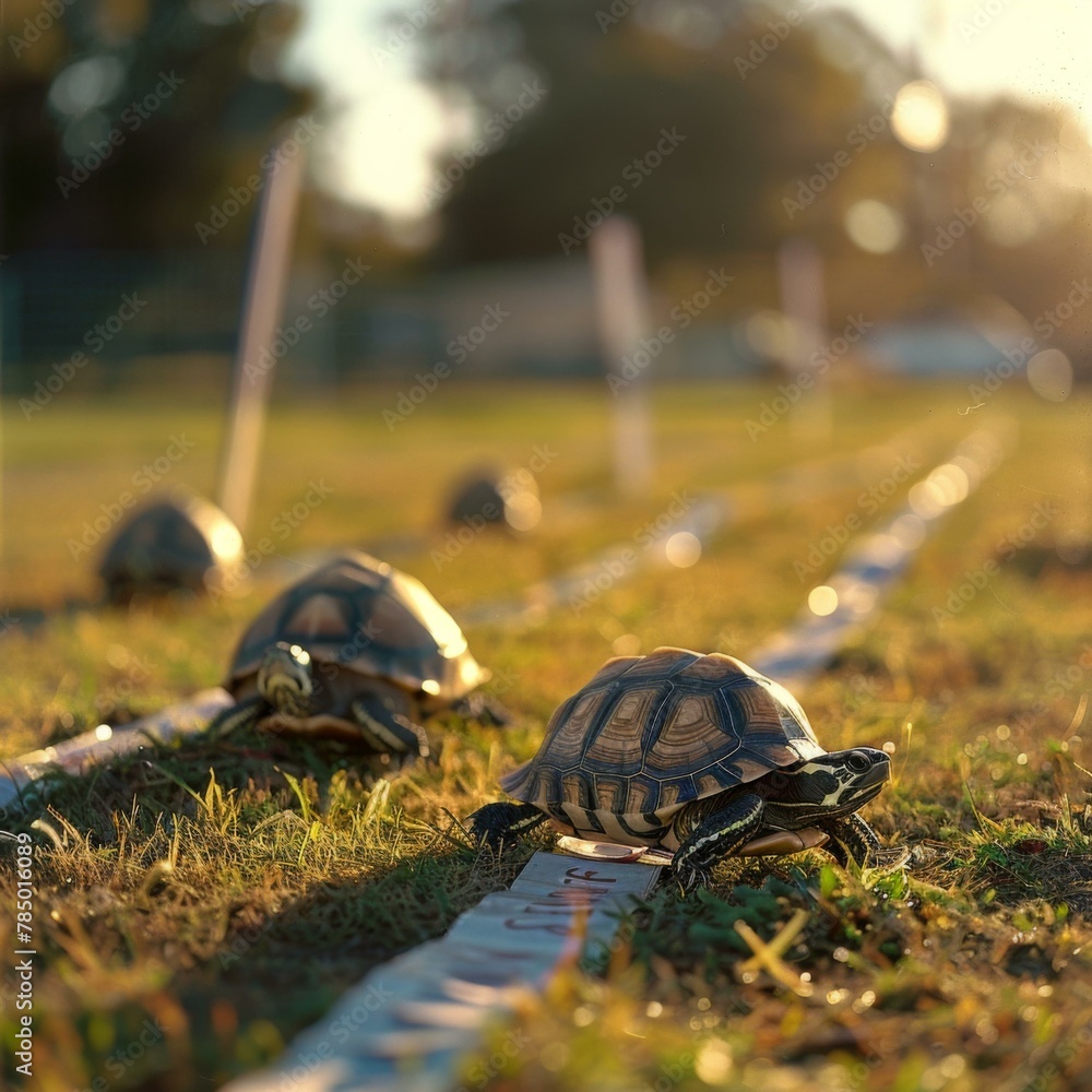 Poster a group of turtles walking along a line in the grass. generative ai.