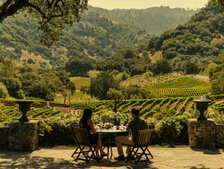 A couple sitting at a table in front of a vineyard. Generative AI.