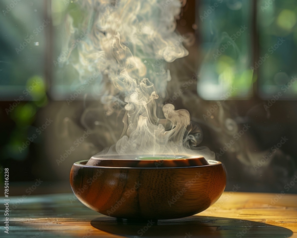 Poster a bowl filled with steam on a table in front of it. generative ai.