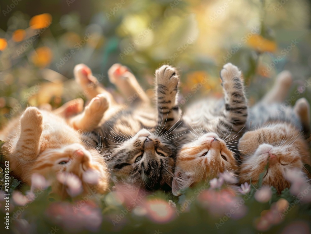Poster a group of three kittens laying on their backs in a field. generative ai.