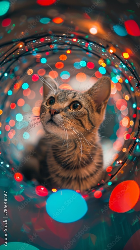 Poster a cat looking up at the camera through a colorful light. generative ai.