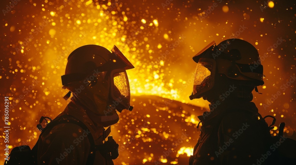 Poster two people in helmets standing in front of a fire. generative ai.