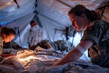 Two women in army uniforms tending to a patient inside of a tent. Generative AI.