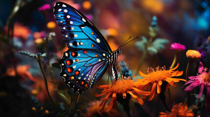 Delicate butterfly resting on a vibrant wildflower, its wings showcasing a stunning array of colors in the soft forest light. - obrazy, fototapety, plakaty