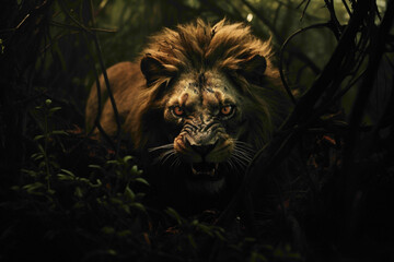 Deep within an abandoned zoo, the horror lion prowls through overgrown vegetation, its silhouette barely visible in the dim light. - obrazy, fototapety, plakaty