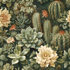 Fototapeta premium Lush Succulents and Cacti Botanical Wallpaper in Vintage Inspired Earthy Tones