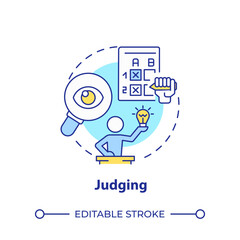 Judging multi color concept icon. Hackathon process. Present projects to juries. Winner selection. Round shape line illustration. Abstract idea. Graphic design. Easy to use in promotional materials