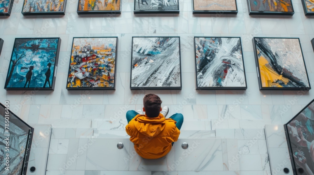 Poster a man sitting on a floor looking at art in the gallery. generative ai.