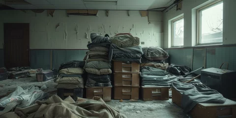 Foto op Aluminium A pile of boxes and a mattress in an abandoned room. Generative AI. © serg3d