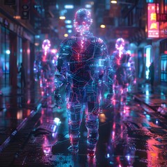 Shimmering Silicon Silhouettes Reflecting Existential Essence in Neon Lit Alley