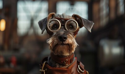 A small dog wearing goggles and a leather jacket. Generative AI.