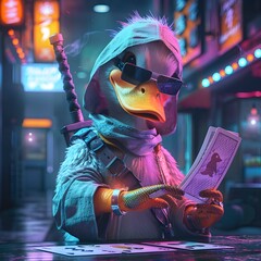 Futuristic duck analyzes game cards under dramatic neon lights in urban environment