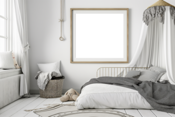 Mockup poster in children's room interior, poster on empty background