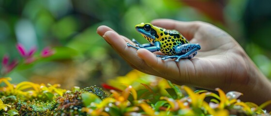 A person holding a small frog in their hand with colorful flowers. Generative AI.