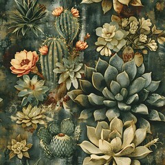 Obraz premium Vintage Inspired Succulent and Cactus Wallpaper in Rich Earthy Tones Evoking Warmth and Comfort