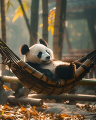 A panda bear laying in a hammock with leaves around it. Generative AI.