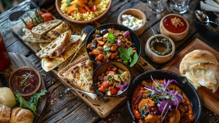 A rustic wooden table set with a spread of vegetarian tapas, each dish a testament to the rich flavors and textures achievable without meat. - obrazy, fototapety, plakaty