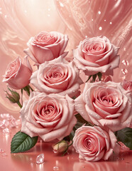 Bouquet of pink roses on a glossy pink background.