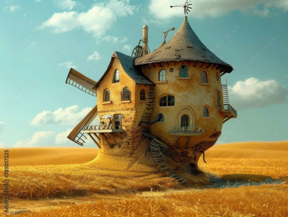 Poster a house made out of a windmill in a field. generative ai.