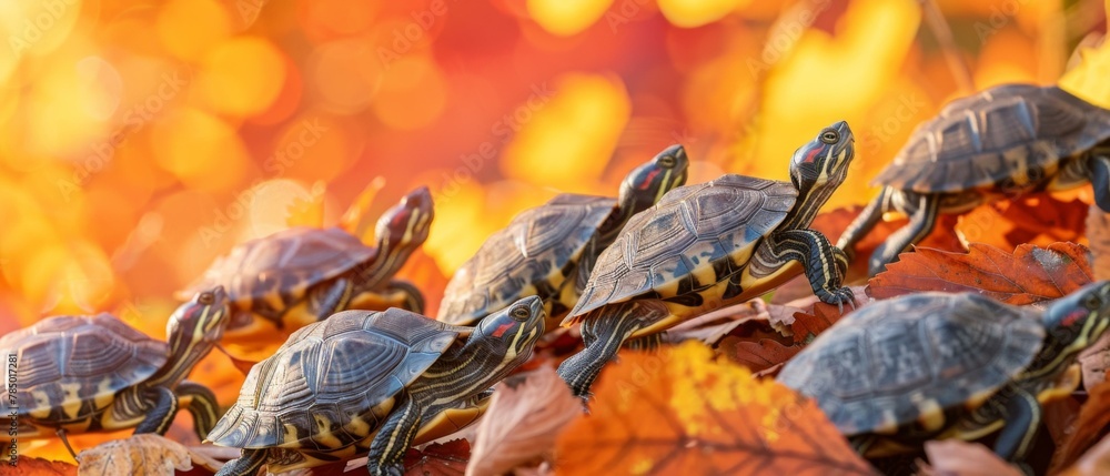 Poster a group of turtles are walking on leaves in a field. generative ai.