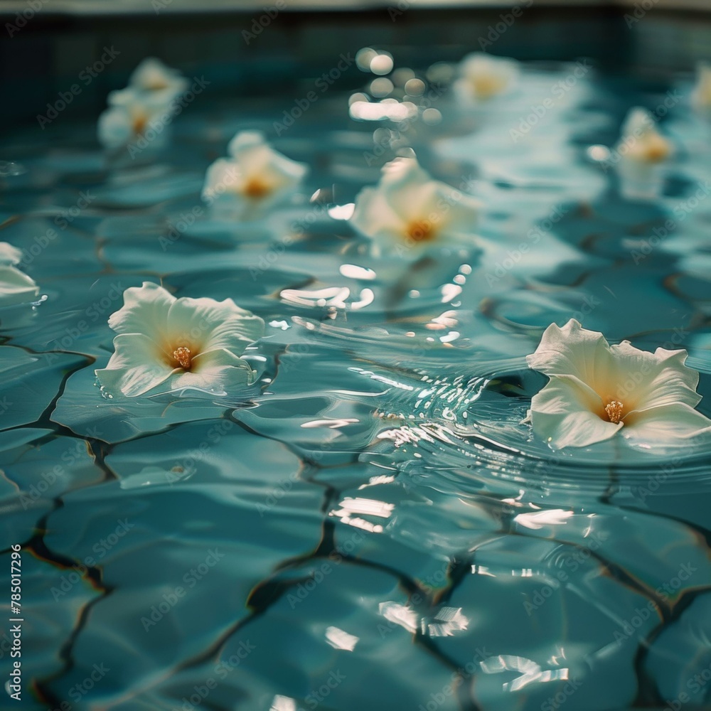 Poster a pool of water with white flowers floating in it. generative ai.