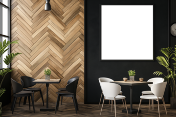 Empty poster frame mockup in cafe. modern bar interior with poster