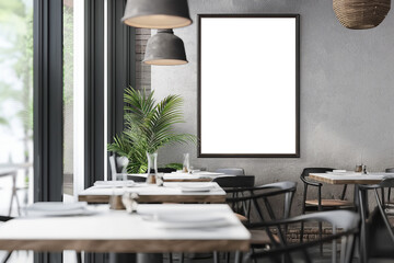 Empty poster frame mockup in cafe. modern bar interior with poster
