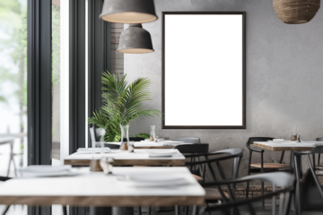 Empty poster frame mockup in cafe. modern bar interior with poster