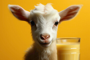 Cute baby goat sipping milk in pure delight against a sunny yellow background, radiating warmth and happiness. - obrazy, fototapety, plakaty
