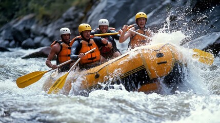 A group of people are rafting down a river, with one of them holding a yellow paddle